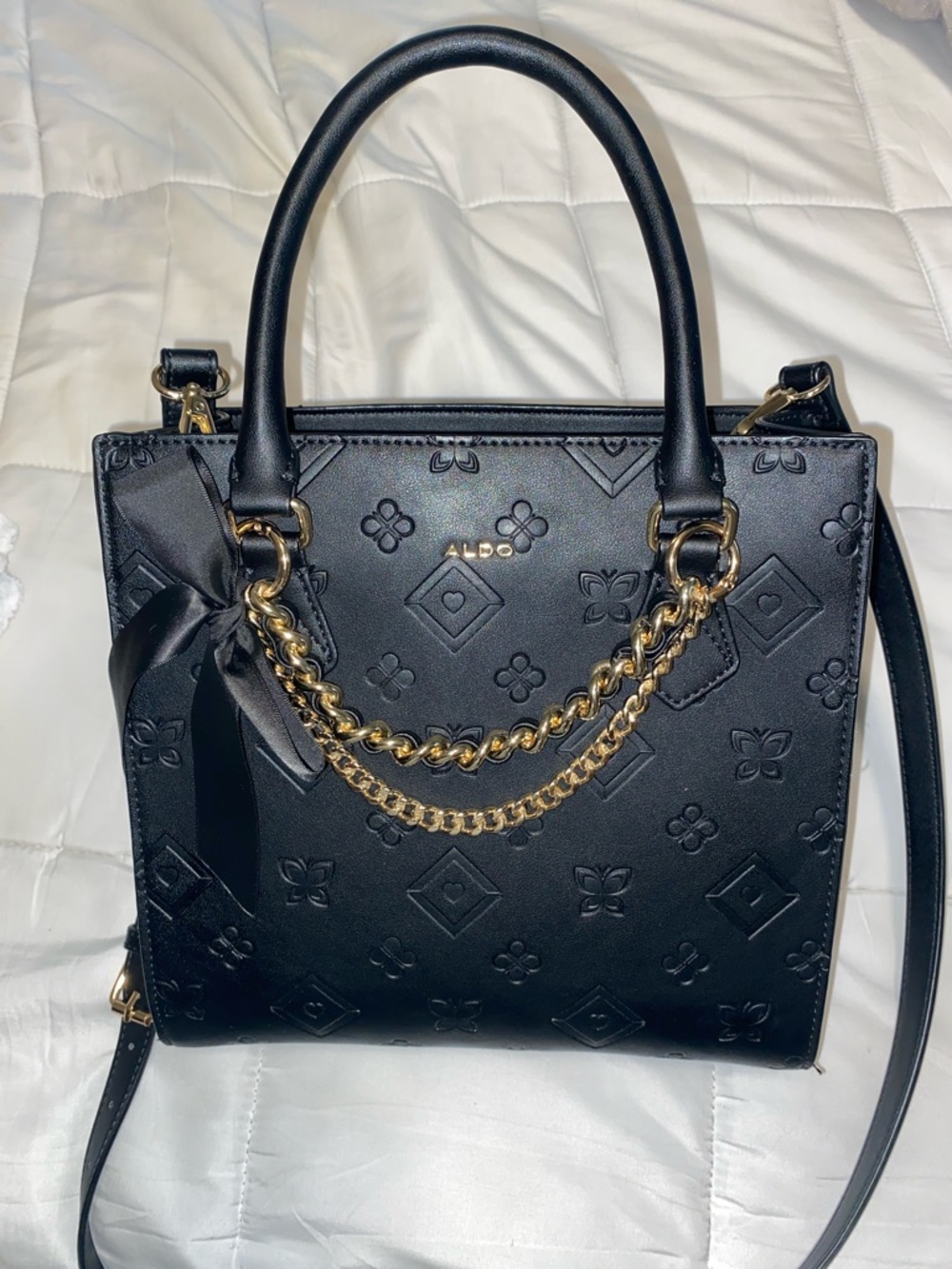 Aldo Black Satchel with Gold Chain Trim